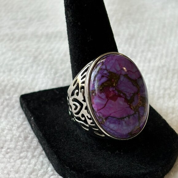 Purple Turquoise Statement Ring 925 Sterling Silver - Picture 7 of 15